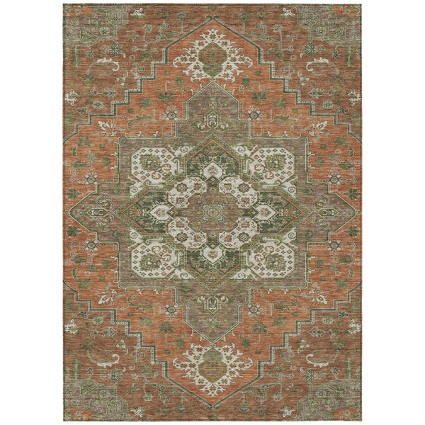 HomeRoots 5' Elegant Oriental Indoor Outdoor Area Rug in Rust Green Brown – Durable, Washable, Stylish Charm 5' X 8' 600187