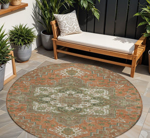 HomeRoots 5' Elegant Oriental Indoor Outdoor Area Rug in Rust Green Brown – Durable, Washable, Stylish Charm 8' Round 600188