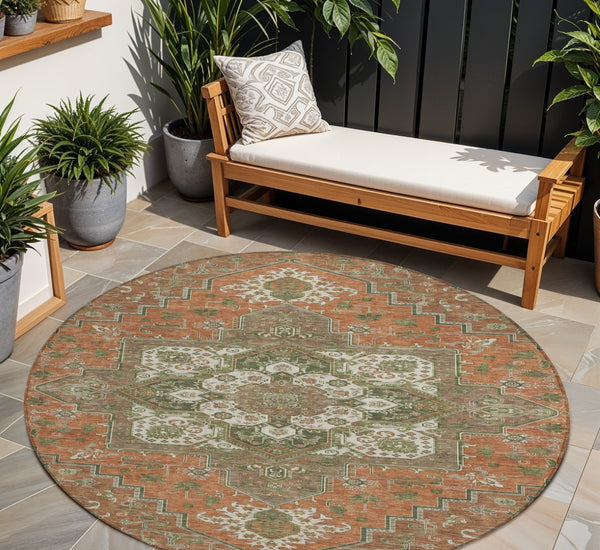 HomeRoots 5' Elegant Oriental Indoor Outdoor Area Rug in Rust Green Brown – Durable, Washable, Stylish Charm 8' Round 600188
