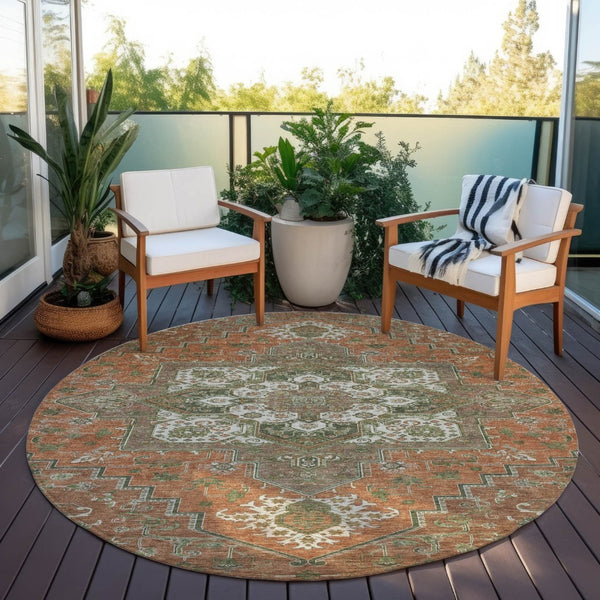 HomeRoots 5' Elegant Oriental Indoor Outdoor Area Rug in Rust Green Brown – Durable, Washable, Stylish Charm 8' Round 600188
