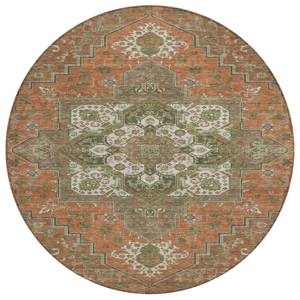 HomeRoots 5' Elegant Oriental Indoor Outdoor Area Rug in Rust Green Brown – Durable, Washable, Stylish Charm 8' Round 600188
