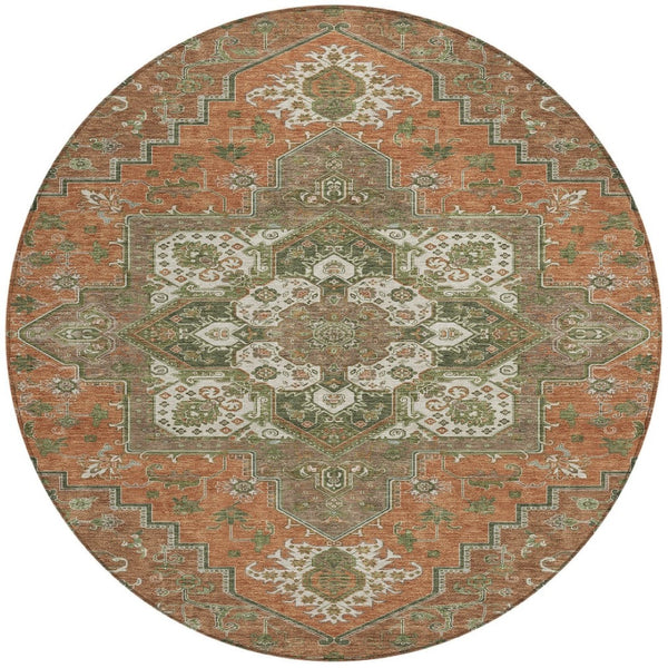 HomeRoots 5' Elegant Oriental Indoor Outdoor Area Rug in Rust Green Brown – Durable, Washable, Stylish Charm 8' Round 600188