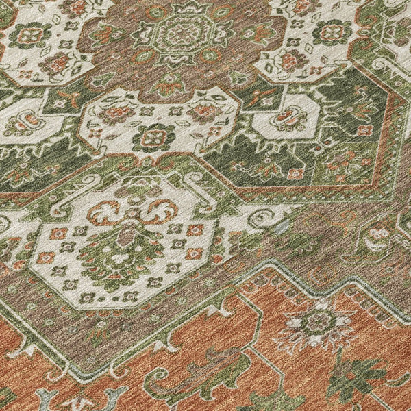 HomeRoots 5' Elegant Oriental Indoor Outdoor Area Rug in Rust Green Brown – Durable, Washable, Stylish Charm 8' Round 600188