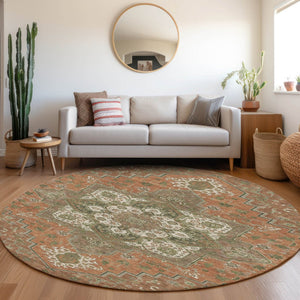 HomeRoots 5' Elegant Oriental Indoor Outdoor Area Rug in Rust Green Brown – Durable, Washable, Stylish Charm 8' Round 600188