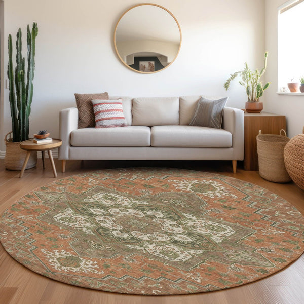HomeRoots 5' Elegant Oriental Indoor Outdoor Area Rug in Rust Green Brown – Durable, Washable, Stylish Charm 8' Round 600188