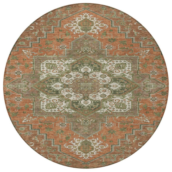 HomeRoots 5' Elegant Oriental Indoor Outdoor Area Rug in Rust Green Brown – Durable, Washable, Stylish Charm 8' Round 600188