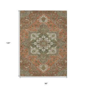 Homeroots 3' Beige Green Brown Oriental Washable Area Rug For Indoor Outdoor Spaces - Durable & Stylish 8' X 10' Polyester 600189