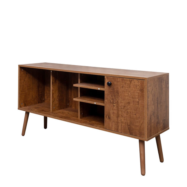English Elm TV Stand Mid-Century Modern 53" TV Console with 1 Cabinet and 3 Open Shelves, Durable Veneer Frame Walnut Brown W331P247811