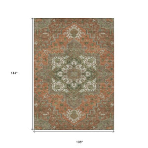 Homeroots 3' Beige Green Brown Oriental Washable Area Rug For Indoor Outdoor Spaces - Durable & Stylish 9' X 12' Polyester 600190