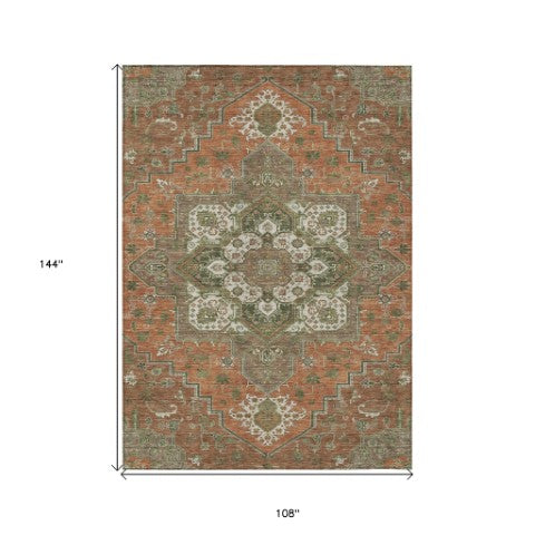 Homeroots 3' Beige Green Brown Oriental Washable Area Rug For Indoor Outdoor Spaces - Durable & Stylish 9' X 12' Polyester 600190