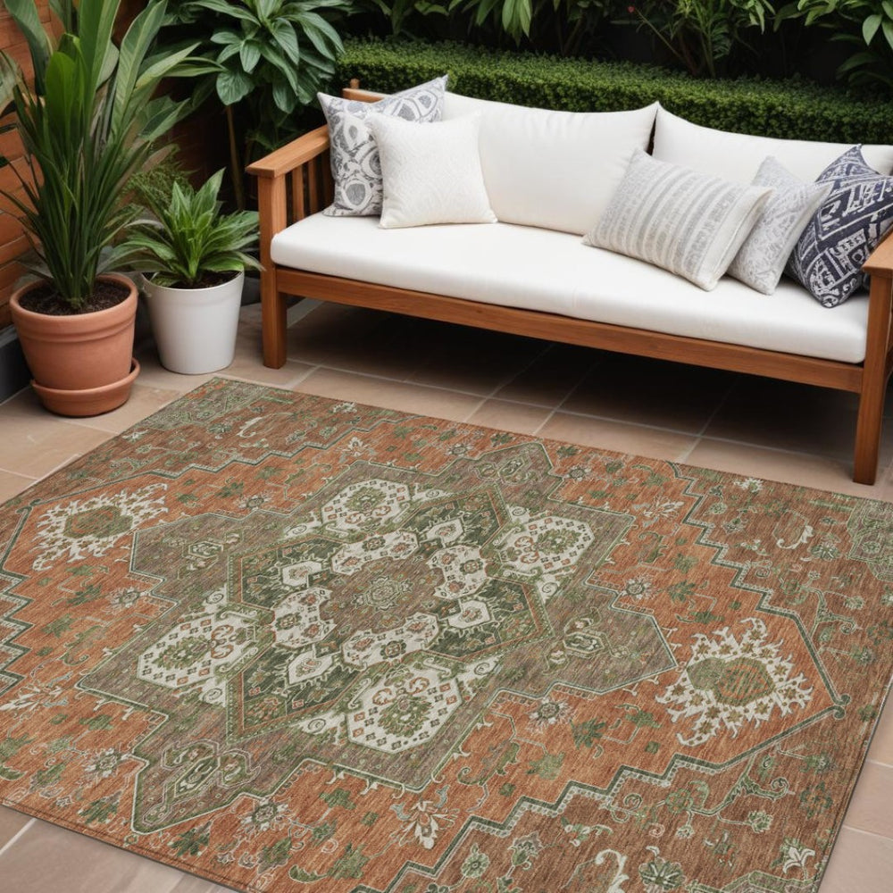 HomeRoots 9' X 12' Elegant Rust Green Brown Oriental Washable Area Rug for Indoor Outdoor Spaces, Durable & Stylish 600190