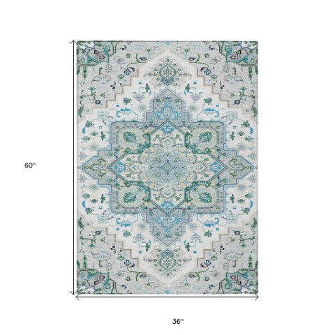 Homeroots 3' Beige Green Brown Oriental Washable Area Rug For Indoor Outdoor Spaces - Durable & Stylish 3' X 5' Polyester 600192