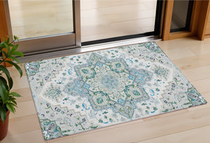 Homeroots 3' Beige Green Brown Oriental Washable Area Rug For Indoor Outdoor Spaces - Durable & Stylish 3' X 5' Polyester 600192