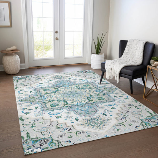 Homeroots 3' Beige Green Brown Oriental Washable Area Rug For Indoor Outdoor Spaces - Durable & Stylish 3' X 5' Polyester 600192