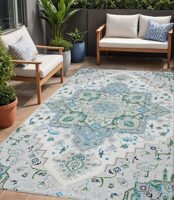 Homeroots 3' Beige Green Brown Oriental Washable Area Rug For Indoor Outdoor Spaces - Durable & Stylish 5' X 8' Polyester 600193