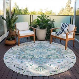 Homeroots 3' Beige Green Brown Oriental Washable Area Rug For Indoor Outdoor Spaces - Durable & Stylish 8' Round Polyester 600194