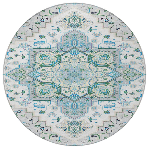 Homeroots 3' Beige Green Brown Oriental Washable Area Rug For Indoor Outdoor Spaces - Durable & Stylish 8' Round Polyester 600194