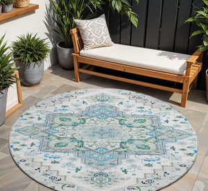 Homeroots 3' Beige Green Brown Oriental Washable Area Rug For Indoor Outdoor Spaces - Durable & Stylish 8' Round Polyester 600194