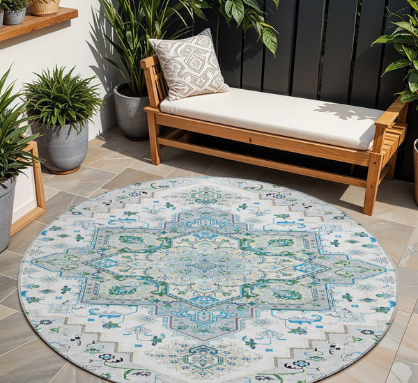 Homeroots 3' Beige Green Brown Oriental Washable Area Rug For Indoor Outdoor Spaces - Durable & Stylish 8' Round Polyester 600194