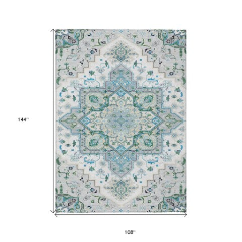 Homeroots 3' Beige Green Brown Oriental Washable Area Rug For Indoor Outdoor Spaces - Durable & Stylish 9' X 12' Polyester 600196