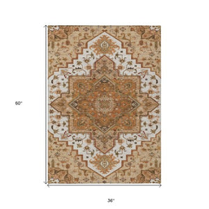 Homeroots 3' Beige Green Brown Oriental Washable Area Rug For Indoor Outdoor Spaces - Durable & Stylish 3' X 5' Polyester 600198