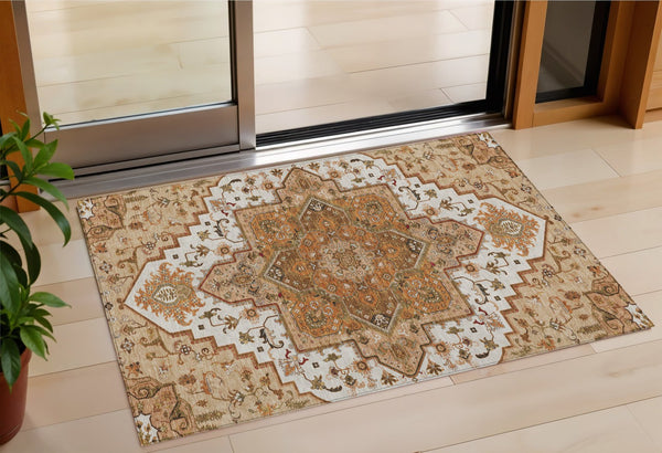 Homeroots 3' Beige Green Brown Oriental Washable Area Rug For Indoor Outdoor Spaces - Durable & Stylish 3' X 5' Polyester 600198