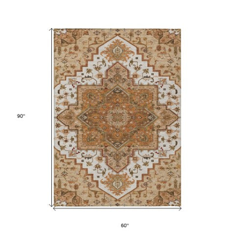 Homeroots 3' Beige Green Brown Oriental Washable Area Rug For Indoor Outdoor Spaces - Durable & Stylish 5' X 8' Polyester 600199