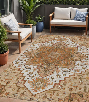 Homeroots 3' Beige Green Brown Oriental Washable Area Rug For Indoor Outdoor Spaces - Durable & Stylish 5' X 8' Polyester 600199