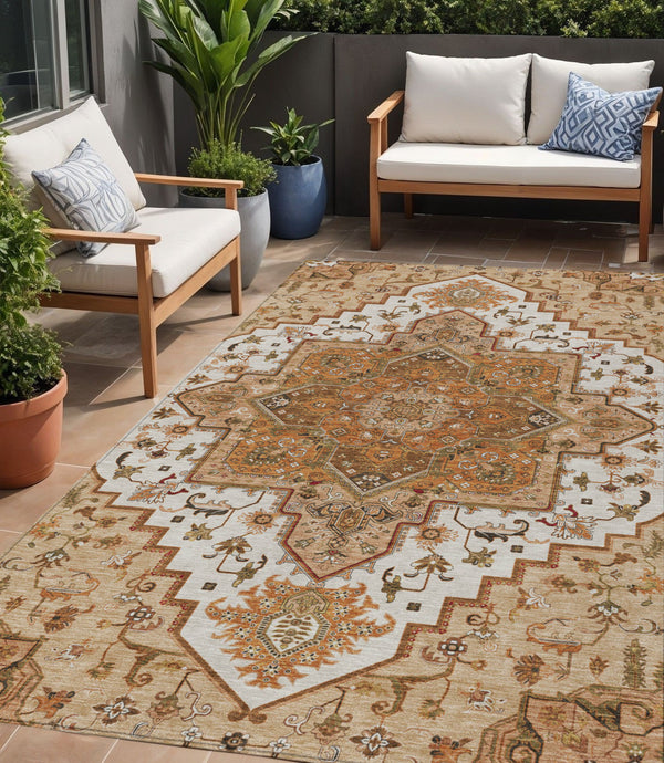 Homeroots 3' Beige Green Brown Oriental Washable Area Rug For Indoor Outdoor Spaces - Durable & Stylish 5' X 8' Polyester 600199