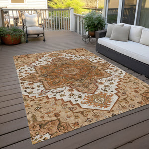 Homeroots 3' Beige Green Brown Oriental Washable Area Rug For Indoor Outdoor Spaces - Durable & Stylish 5' X 8' Polyester 600199