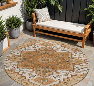Homeroots 3' Beige Green Brown Oriental Washable Area Rug For Indoor Outdoor Spaces - Durable & Stylish 8' Round Polyester 600200