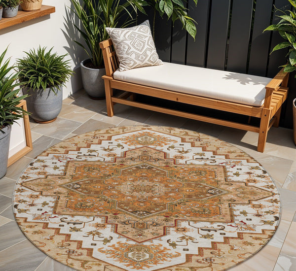 Homeroots 3' Beige Green Brown Oriental Washable Area Rug For Indoor Outdoor Spaces - Durable & Stylish 8' Round Polyester 600200