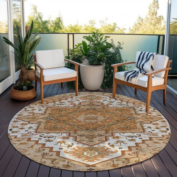 Homeroots 3' Beige Green Brown Oriental Washable Area Rug For Indoor Outdoor Spaces - Durable & Stylish 8' Round Polyester 600200