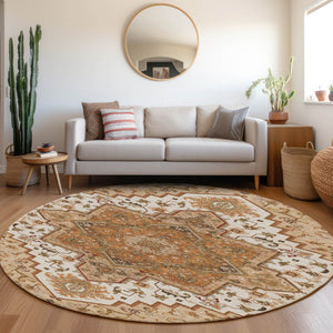Homeroots 3' Beige Green Brown Oriental Washable Area Rug For Indoor Outdoor Spaces - Durable & Stylish 8' Round Polyester 600200