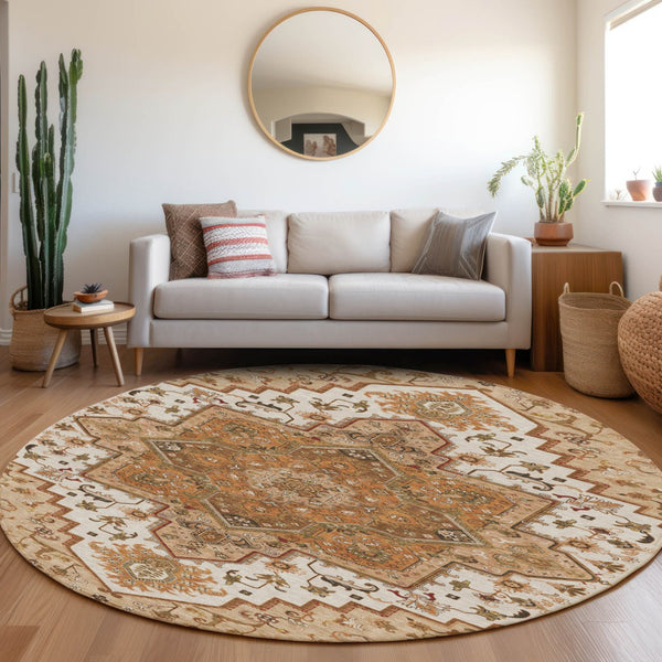 Homeroots 3' Beige Green Brown Oriental Washable Area Rug For Indoor Outdoor Spaces - Durable & Stylish 8' Round Polyester 600200