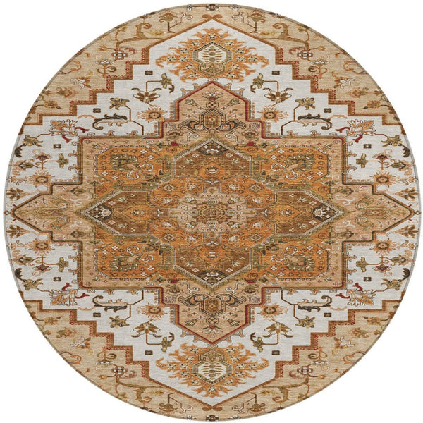 Homeroots 3' Beige Green Brown Oriental Washable Area Rug For Indoor Outdoor Spaces - Durable & Stylish 8' Round Polyester 600200