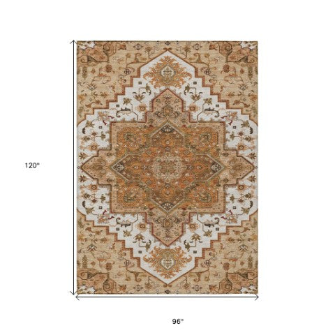 Homeroots 3' Beige Green Brown Oriental Washable Area Rug For Indoor Outdoor Spaces - Durable & Stylish 8' X 10' Polyester 600201
