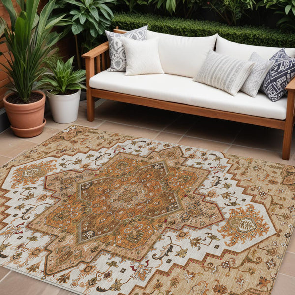 Homeroots 3' Beige Green Brown Oriental Washable Area Rug For Indoor Outdoor Spaces - Durable & Stylish 8' X 10' Polyester 600201