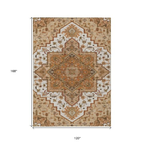 Homeroots 3' Beige Green Brown Oriental Washable Area Rug For Indoor Outdoor Spaces - Durable & Stylish 10' X 14' Polyester 600203
