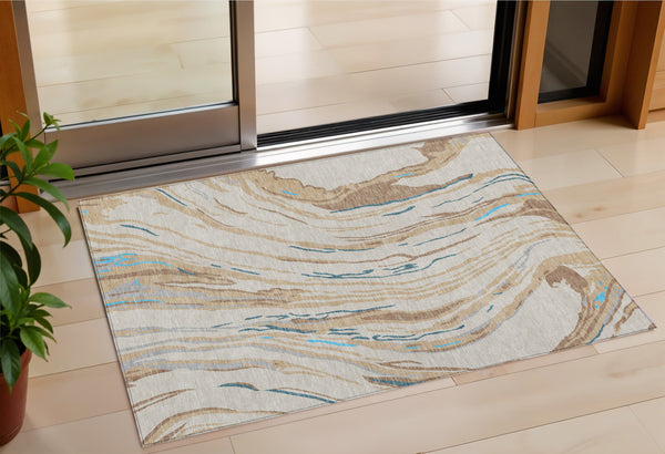 Homeroots 3' Abstract Beige Teal Blue And Ivory Washable Area Rug For Indoor Outdoor Style And Comfort 3' X 5' Polyester 600204