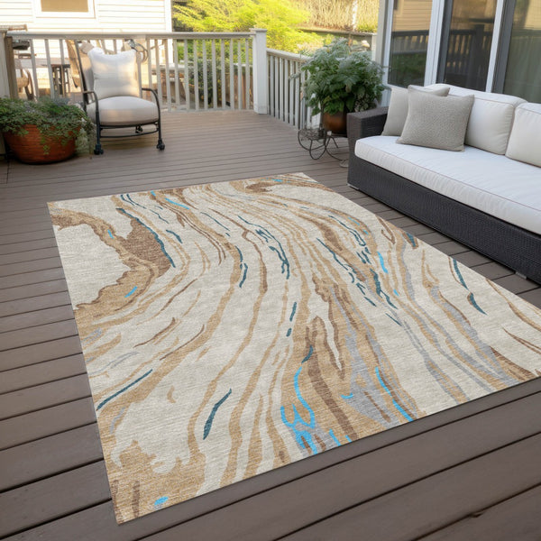Homeroots 3' Abstract Beige Teal Blue And Ivory Washable Area Rug For Indoor Outdoor Style And Comfort 3' X 5' Polyester 600204