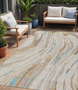 Homeroots 3' Abstract Beige Teal Blue And Ivory Washable Area Rug For Indoor Outdoor Style And Comfort 5' X 8' Polyester 600205