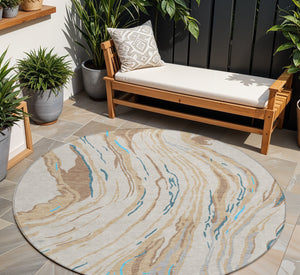 Homeroots 3' Abstract Beige Teal Blue And Ivory Washable Area Rug For Indoor Outdoor Style And Comfort 8' Round Polyester 600206