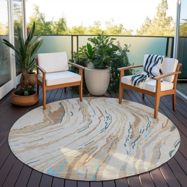 Homeroots 3' Abstract Beige Teal Blue And Ivory Washable Area Rug For Indoor Outdoor Style And Comfort 8' Round Polyester 600206