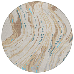 HomeRoots 5' Abstract Washable Indoor Outdoor Area Rug in Beige, Teal Blue, and Ivory for Stylish Spaces 8' Round 600206