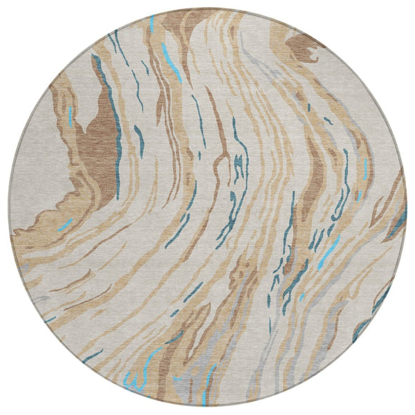 HomeRoots 5' Abstract Washable Indoor Outdoor Area Rug in Beige, Teal Blue, and Ivory for Stylish Spaces 8' Round 600206