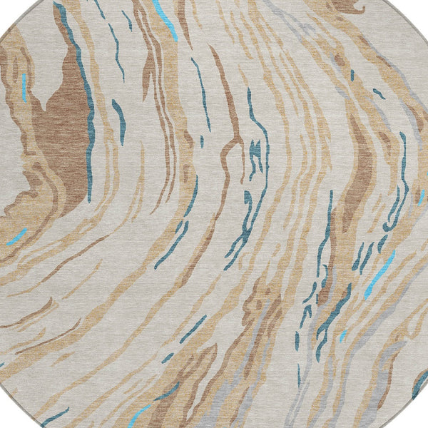 Homeroots 3' Abstract Beige Teal Blue And Ivory Washable Area Rug For Indoor Outdoor Style And Comfort 8' Round Polyester 600206