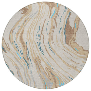 Homeroots 3' Abstract Beige Teal Blue And Ivory Washable Area Rug For Indoor Outdoor Style And Comfort 8' Round Polyester 600206