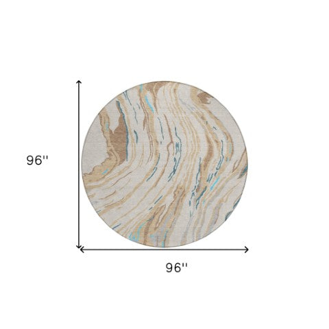 Homeroots 3' Abstract Beige Teal Blue And Ivory Washable Area Rug For Indoor Outdoor Style And Comfort 8' Round Polyester 600206