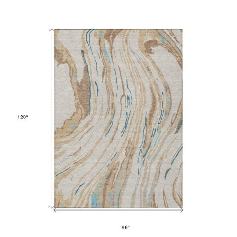 Homeroots 3' Abstract Beige Teal Blue And Ivory Washable Area Rug For Indoor Outdoor Style And Comfort 8' X 10' Polyester 600207